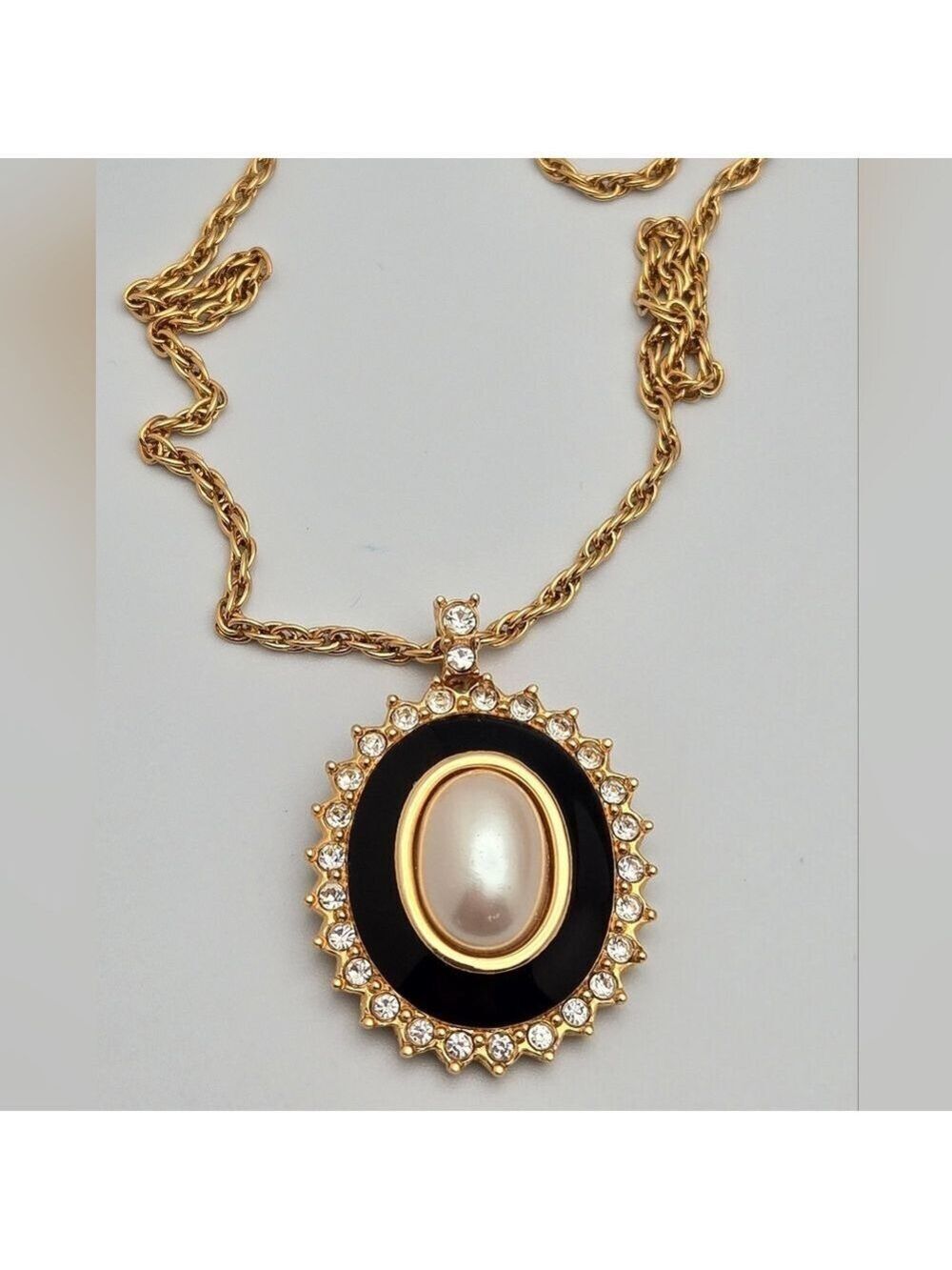 Monet Faux Pearl Pendant Necklace Black Enamel Rhinestone Statement 29"